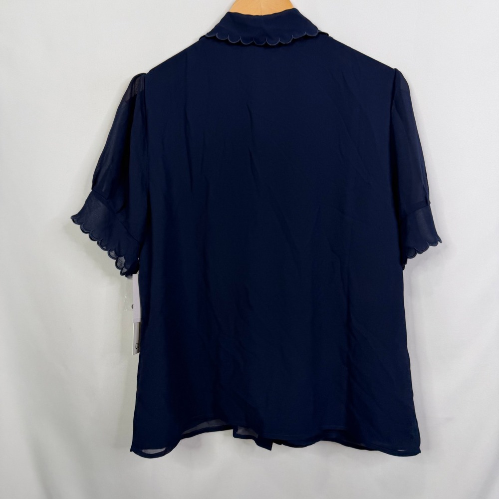 CeCe Mistee Navy Blue Scalloped Puff Sleeve Button Down Blouse NWT Large - Picture 6 of 8